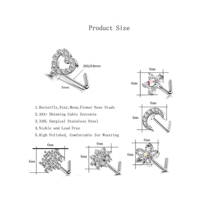 6Pcs 20G Stainless Steel Flower Heart Star-shaped Nose Rings