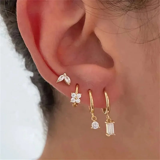 2/8pcs Fashion Novel Stainless Steel Huggies Hoop Earrings,Little Crystal Zirconia Pendant Cartilage Helix Ear Piercing Jewelry