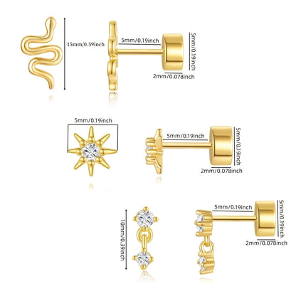 2/6 Pcs 20G 18K Hypoallergenic CZ Cartilage Flat Back Stud Earrings