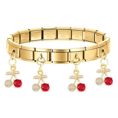 Geometric Square Stainless Steel Elastic Strap Bangle Bracelets for Women Strawberry Cherry Pendant Bracelets Hand Jewelry Gift