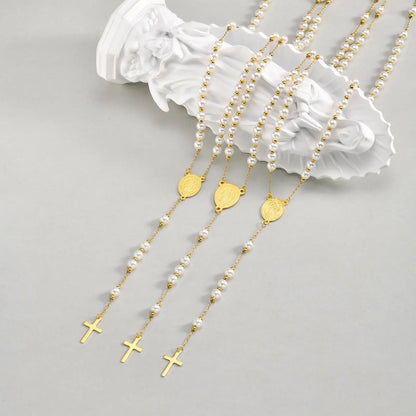 Imitation Pearl Beaded Chain Holy Virgin Mary Y-Shaped Necklace, Stainless Steel Cross Pendant Necklace,Religious Prayer Jewelry