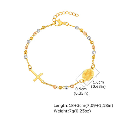Vnox Stainless Steel Beaded Virgin Mary Bracelet,Charm Rosary Cross Chain Bracelet For Women,Religion Christ Three Color Jewelry