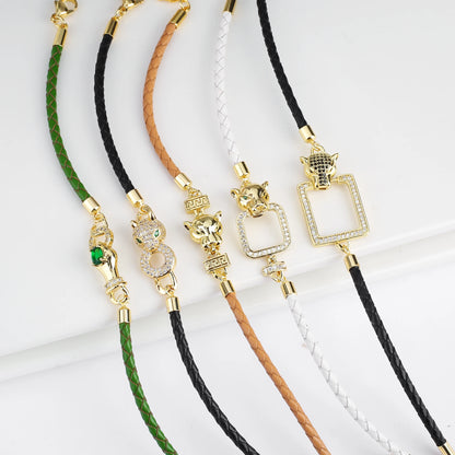 High Quality Shiny Zirconia Animal Leopard Head Adjustable Bracelet Fashion Leather Rope Charm Bracelet Bully Man Woman Jewelry