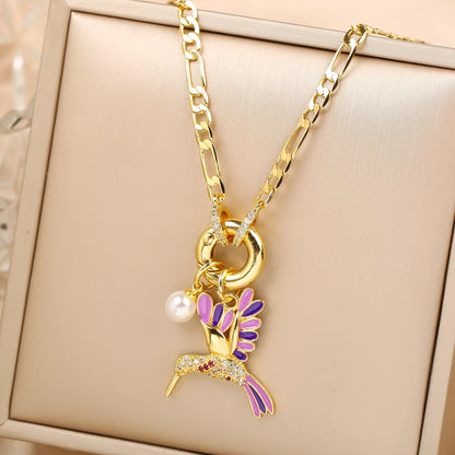 Hot Sale Gold Plated Animal Hip Hop Hummingbird Bird Pearl Pendant Necklace New Fashion Man Woman Casual Vacation Jewelry Gift