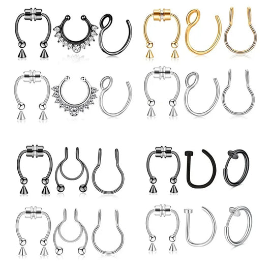 3/24pcs Fashion 316L Stainless Steel Fake Magnetic Septum Nose Hoop Ring,Horseshoe Clip On Nose Ring No-Pierced Septum Ring