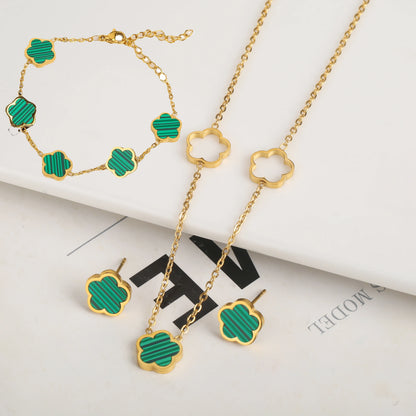 3pc New Design Single-Sided Plant Five Leaf Flower Hollow Bracelet Necklace Earring Set Stainless Steel Women's Clover