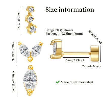 6Pcs 20G Hypoallergenic Stainless Steel Tiny Stud Earrings,Dainty CZ Cartilage Conch Helix Ear Piercing Jewelry Gift