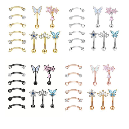 11Pcs 16G Colorful Butterfly Shape Curved Barbell Eyebrow Ring, Belly Lip Ring Inlaid Shiny Zircon Bling Bling Piercing Jewelry