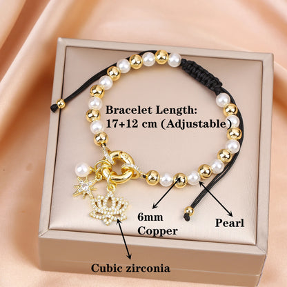 New Trend Crown Star Theme Zircon Bracelet Venezuela Flag Cross Pearl Chain Bracelet Fashion for Woman Girl Daily Wear Jewelry