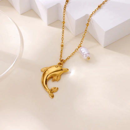 Free Shipping Imitation Pearl Dophin Pendant Necklaces For Women Stainless Steel Chain Necklace Aesthetic Wedding Jewelry Gift