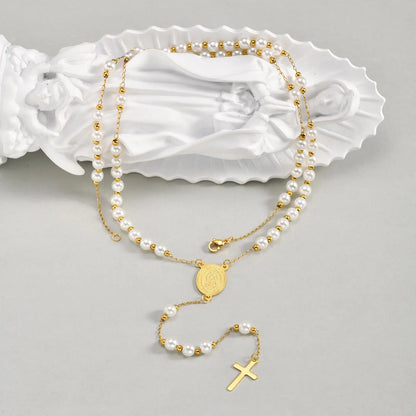 Imitation Pearl Beaded Chain Holy Virgin Mary Y-Shaped Necklace, Stainless Steel Cross Pendant Necklace,Religious Prayer Jewelry