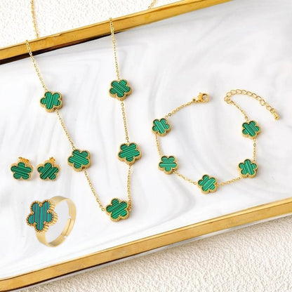 New Creative 4Pcs Stainless Steel Five Leaf Flower Bracelet Necklace Earrings Rings Set for Women Fashion Party Jewelry Clover