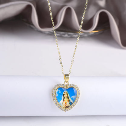 Fine Trendy Heart Shape Religious Figure Virgin Mary Pendant Necklace Fine Holiday Party Catholic Jewelry Gift Wholesale