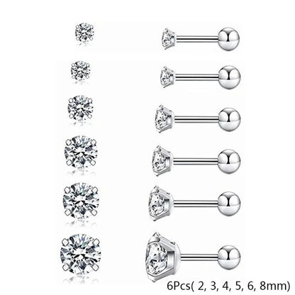 2/6/12pcs 20G Inlaid Cubic Zirconia Stud Earrings,Stainless Steel Screw Back Barbell Studs Daith Tragus Cartilage Earrings