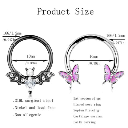 2Pcs 16G Stainless Steel Butterfly Hinged Septum Nose Ring Hoops,BCR Horseshoe Cartilage Daith Helix Rook Conch Piercing Jewelry