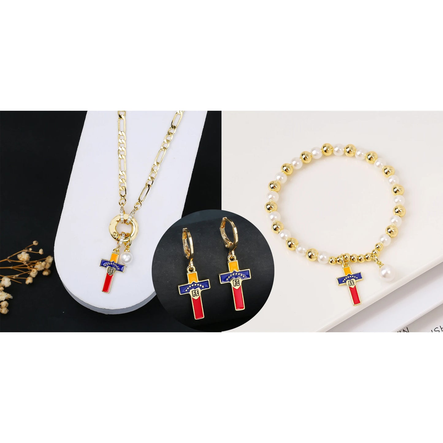 Classic Venezuela Flag Cross Bracelet Earrings Necklace Jewelry Set Luxury for Women Girl Daily Party Pearl Jewelry Gift