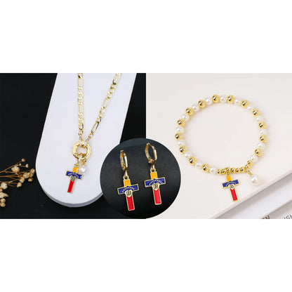 Classic Venezuela Flag Cross Bracelet Earrings Necklace Jewelry Set Luxury for Women Girl Daily Party Pearl Jewelry Gift