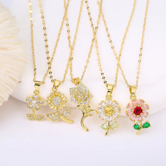 INS Hot Sale Plant Sunflower Crystal Necklace Flower Pendant for Women Girls Casual Party Trend Neck Jewelry Accessories