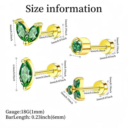 2Pcs Delicate Hypoallergenicity 18K Gold Green Gemstone Flat Back Earrings for Women Girls,Fashion Small Hoop Earrings Jewelry