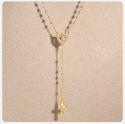 Vnox Virgin Mary Heart Rosary Necklaces for Women Men, Gold Plated Cross Prayer Collar, Long Sweater Chain Necklace