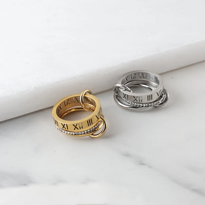JOVO LOVE Three Layers Roman Numerals Stacking Ring for Women  Stainless Steel Our Fingers Chain Shape Variable Crystal Rings