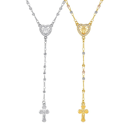 Zirconia Heart Virgin Mary Rosary Bead Cross Necklace for Women, Long Chain Cross Pendant Christian Catholic Religious Jewelry