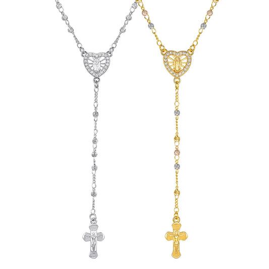 Zirconia Heart Virgin Mary Rosary Bead Cross Necklace for Women, Long Chain Cross Pendant Christian Catholic Religious Jewelry
