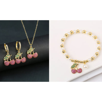 13 Style Choice 3pcs Lucky Red Cherry Crystal Fruit Bracelet Necklace Earrings Jewelry Set Luxury for Women Daily Party Jewelry