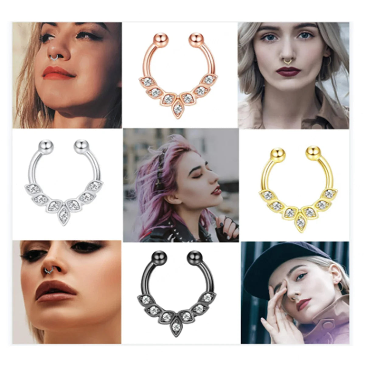 1/4Pcs Simple Fashion Stainless Steel Fake Septum Nose Ring, Clip On Cubic Zerconia Faux Nose Rings Non Piercing Septum Jewelry