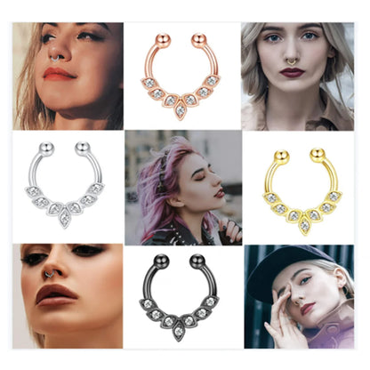 1/4Pcs Simple Fashion Stainless Steel Fake Septum Nose Ring, Clip On Cubic Zerconia Faux Nose Rings Non Piercing Septum Jewelry