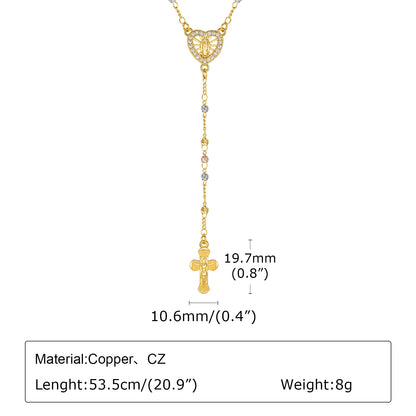 Zirconia Heart Virgin Mary Rosary Bead Cross Necklace for Women, Long Chain Cross Pendant Christian Catholic Religious Jewelry