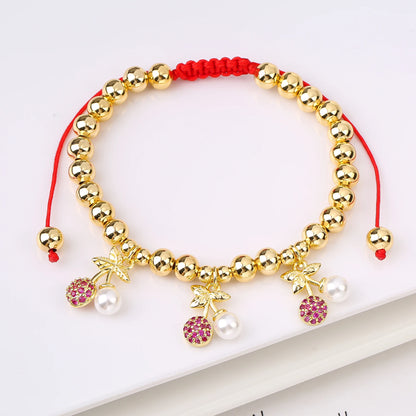 Gold Plated 6mm Copper Bead Chain Braided Fruit Cherry Crystal Adjustable Bracelet New Fashion Woman Girl Daily Wear Jewelry