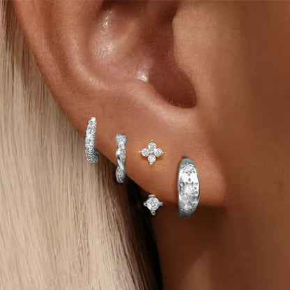 4PCS Fashion Stainless Steel Zirconia Star Huggie Hoop Earrings Set for Women Curious Pendant Flower Ear Stud Piercing Jewelry