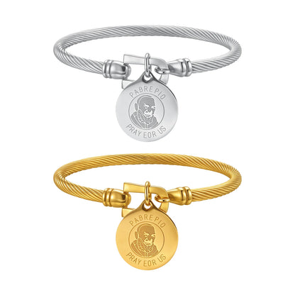 Prjewel Unique Stainless Steel Bracelets For Women Padre Pio Catholic Saint Round Accessory Bangles Religious Jewelry Set Gifts
