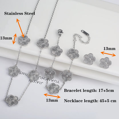 Simple Stainless Steel Laser Plum Blossom Five Leaf Flower Bracelet Necklace Earrings Jewelry Set Women's Party Jewelry Clover