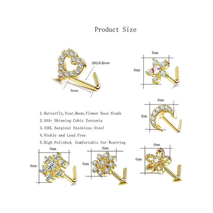6Pcs 20G Stainless Steel Flower Heart Star-shaped Nose Rings
