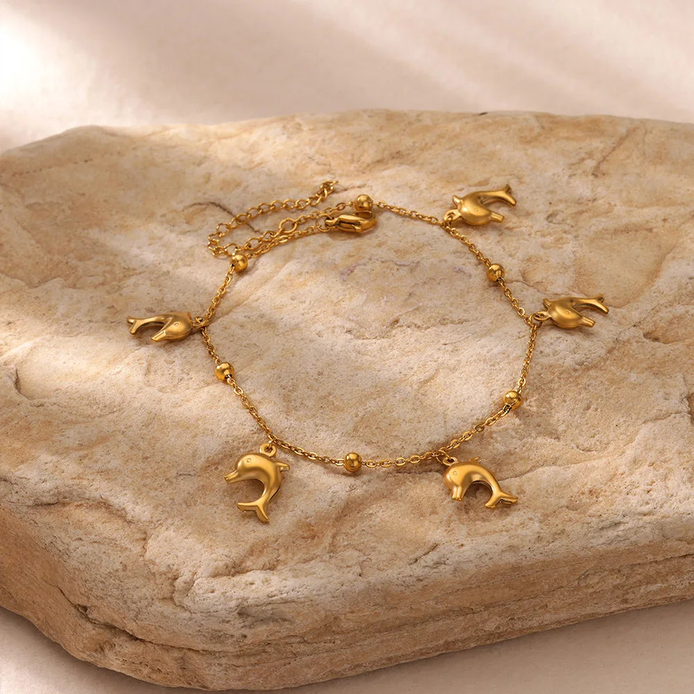 Starfish Dolphin Pendant Anklet Bracelet for Women Stainless Steel Gold Color Anklets Boho Summer Beach Jewelry Foot Accessories