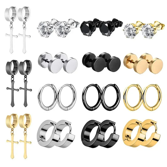 1/15Pairs Punk Cool Gothic Stainless Steel Stud Earrings Set for Men Women,Fashion Tragus Cartilage Daith Helix Piercing Jewelry
