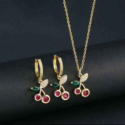 Light Luxury Crystal Zirconia Red Cherry Jewelry Set Earrings Necklace for Women Girls Sweet Jewelry Accessories Party Gifts