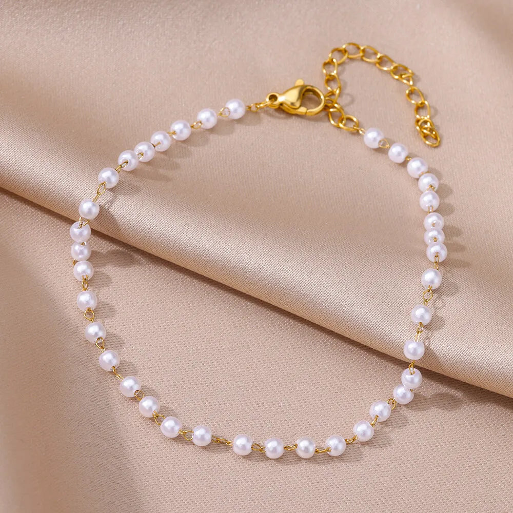Imitation Pearl Anklets for Women Summer Beach Accessories Stainless Steel Chain Anklet Gold Color Leg Bracelets Bodychain Gifts