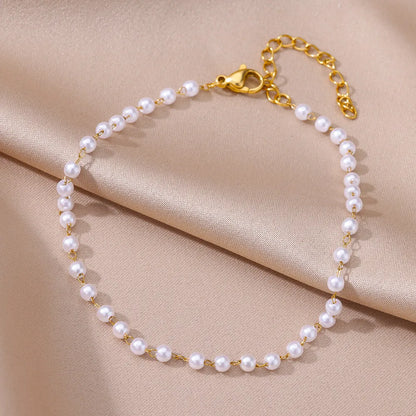 Imitation Pearl Anklets for Women Summer Beach Accessories Stainless Steel Chain Anklet Gold Color Leg Bracelets Bodychain Gifts