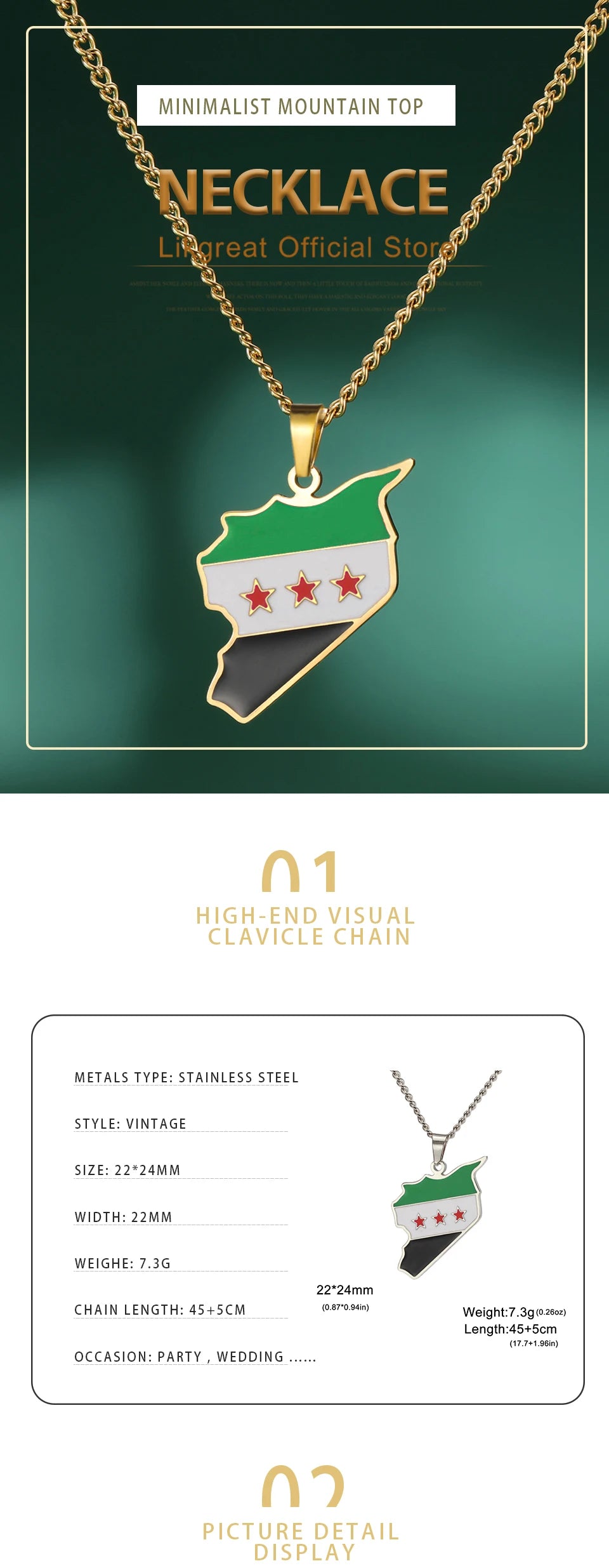 LIKGREAT Trendy Syria Map Flag Pendant Necklaces Stainless Steel Syrians Map Hiphop Jewelry Gift for Women Men
