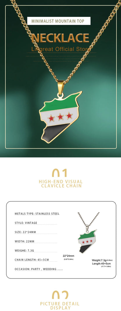 LIKGREAT Trendy Syria Map Flag Pendant Necklaces Stainless Steel Syrians Map Hiphop Jewelry Gift for Women Men