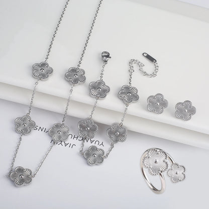 New Creative 4Pcs Stainless Steel Five Leaf Flower Bracelet Necklace Earrings Rings Set for Women Fashion Party Jewelry Clover