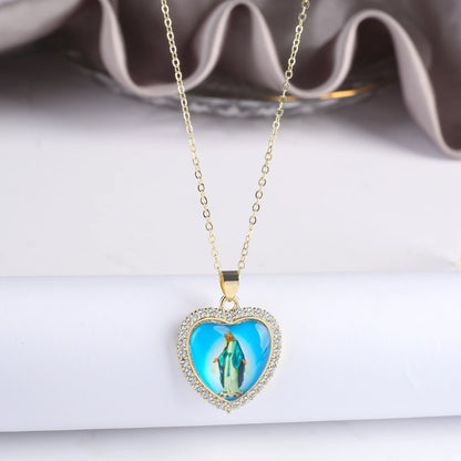 Fine Trendy Heart Shape Religious Figure Virgin Mary Pendant Necklace Fine Holiday Party Catholic Jewelry Gift Wholesale