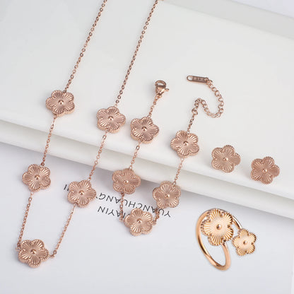 New Creative 4Pcs Stainless Steel Five Leaf Flower Bracelet Necklace Earrings Rings Set for Women Fashion Party Jewelry Clover