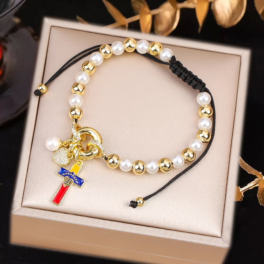 Hot Sale Venezuela Flag Cross Pearl Copper Beads Braided Adjustable Bracelet Classic for Man Woman Party Birthday Jewelry Gift