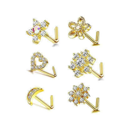 6Pcs 20G Stainless Steel Flower Heart Star-shaped Nose Rings