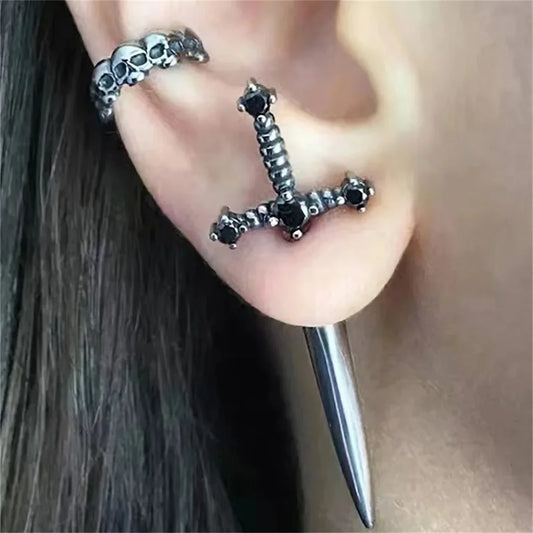 2pcs Gothic Kinitial Sword Stud Earrings,Vintage Cool Punk Crystal Goth Dagger Ear Piercing Jewelry Suitable for Daily Give Gift