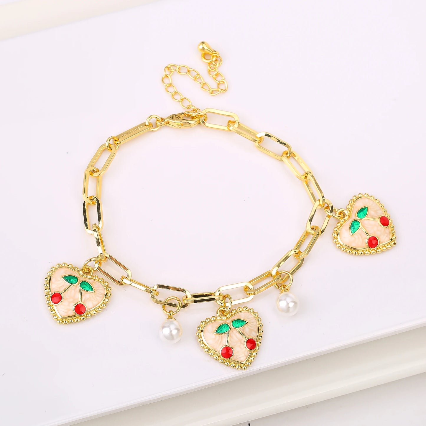 17 Colors Gold Plated Fruit Cherry Crystal Zirconia Adjustable Pearl Bracelet Luxury for Women Girls Casual Daily Party Jewelry